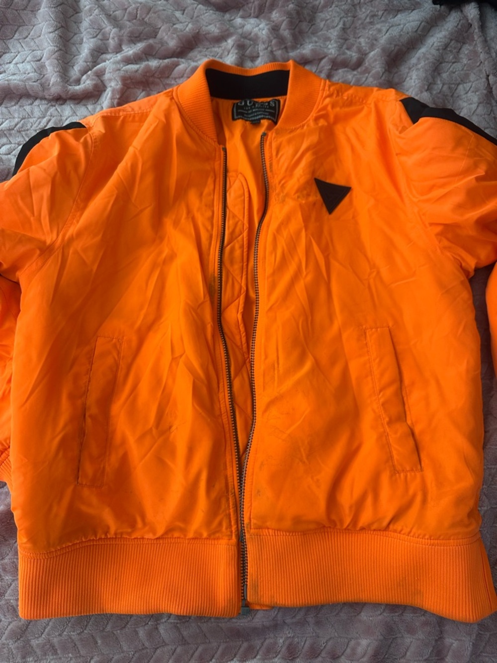 Guess Men's Bright Orange Bomber Jacket with Black Accents